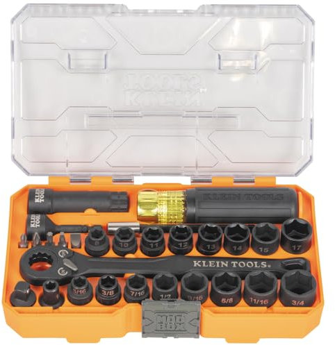 Klein Tools 65400KNECT KNECT Essential Pass Through Impact Socket Set, SAE and Metric, 90-Tooth Ratchet, MODbox Case, 3/8-Inch Drive, 28-Piece
