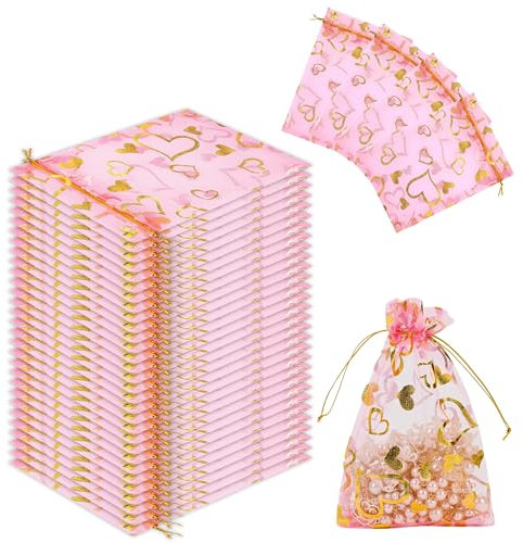 Giroselle Organzasäckchen 100 Stück - Gastgeschenke Hochzeit-Säckchen zum Befüllen-Kleine Geschenktüten mit Herzmustern (Rosa Goldherz, 11 x 16 cm)