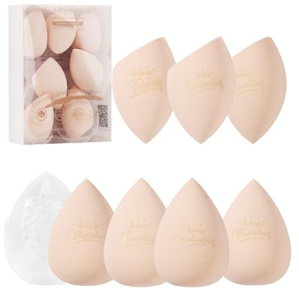 Real Perfection Makeup Sponge Set Blender Sponges, Latex-Free Beauty Makeup Sponges 7 pcs with 1 Travel Container Case for Blending Foundation Liquid Cream and Powder (Beige)
