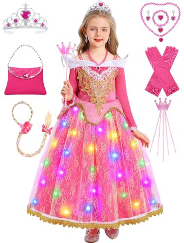 G085L Costume de la Belle au Bois Dormant pour fille - Costume de princesse Aurora - Robe rose pour carnaval, carnaval, anniversaire - Avec accessoires, perruque, sac à main, couronne, baguette