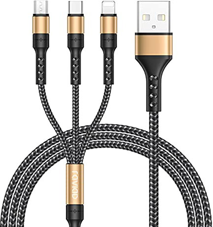 RAVIAD Multi USB Kabel, Universal Ladekabel [1.2M] Nylon Schnell 3 in 1 Mehrfach Ladekabel mit Micro USB Typ C Lightning Kabel für iPhone, Android Galaxy S24/S23, Huawei, Oneplus-Gold