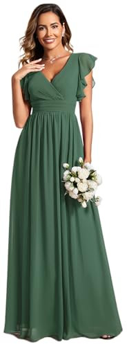 Ever-Pretty Women's Long Bridesmaid Wedding Guest Dress Elegant Chiffon A-Line Ruffles Sleeve Eucalyptus Green 14UK