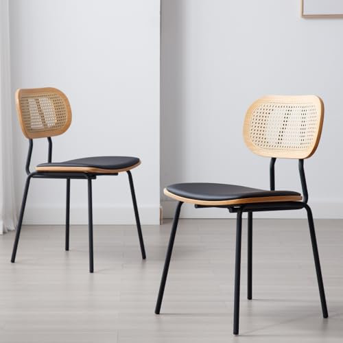 Ya-Home Rattan Esszimmerstühle 2er Set Rattanstuhl mit Metallbeinen Küchenstuhl aus Kunstleder Polsterstuhl für Esszimmer, Schwarz
