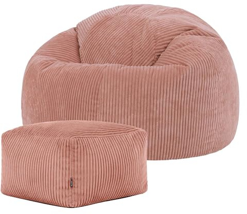 Icon Kingston Sitzsack mit Hocker Cord, Rosa, Sitzsack Erwachsene mit Füllung, Bean Bag, Cord Sessel, Lounge Sessel, Lounge Stuhl, Schlafzimmer, Wohnzimmer, Wohnzimmer Möbel