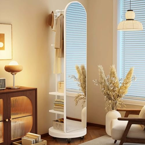 Miroir Pleine Longueur avec Porte-Manteau, Miroirs en Pied avec Roues Pivotantes, Rotatif à 360° et 3 Niveaux Stockage, Miroir 2 en 1 pour Salon, Chambre à Coucher