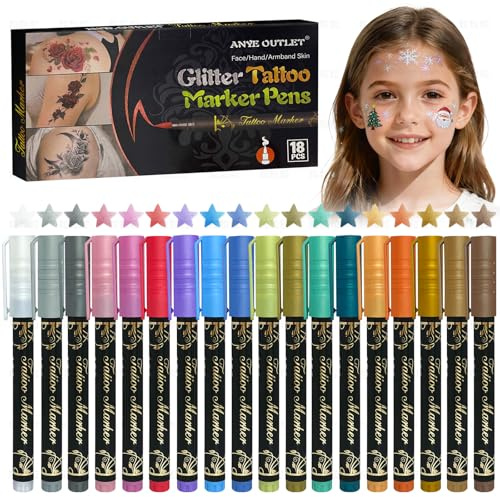 18 Farben Tattoo Stifte Kinder, Temporäre Tattoos Tattoostifte für Kinder | Glitzertattoos Kinder Tattoos Stifte Hautfreundlich - Ideal Geschenk für Mädchen Geburtstage Party Halloween Weihnachten