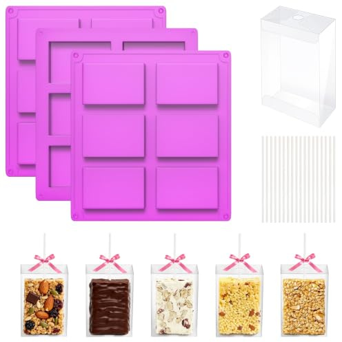 Dormitology Müsliriegel Backform Herstellungsset: 3 Silikonformen, 35 transparente Boxen und Cake pop stiele, für Brownies, Seifenformen, Weihnachts-Schokoladen & Party-Verpackung