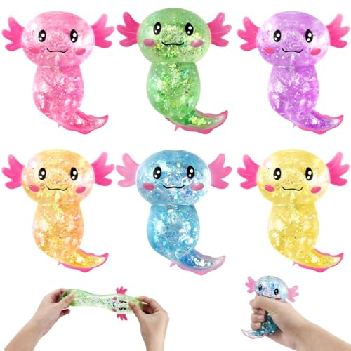 6 Stück Axolotl Squeeze Stress Spielzeug – Stressabbau & Entspannung | Glitzernde Axolotl Antistress Spielzeug Squishy, Squishy Squeeze Toys, Fidget Toys für Kinder Erwachsener