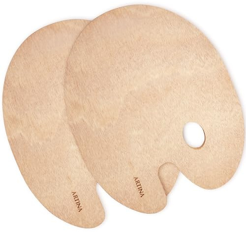 Artina 2 Stück Holz Malpalette Schule Rund 25x30 cm Mischen mit Griffloch für Kunst & Malen universell einsetzbar für Ölfarben – Mischpalette Acrylfarben