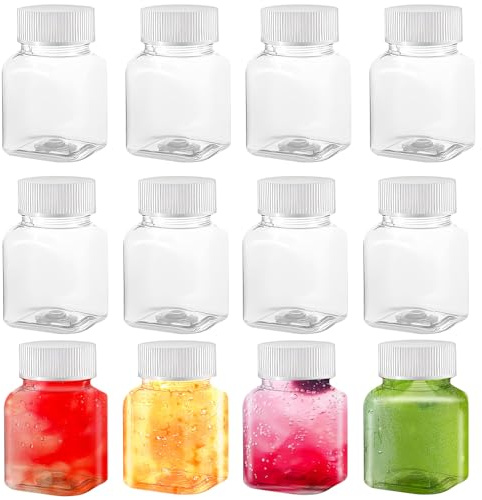 Tholire 12 Pack 50ml Leak-Proof Reusable Plastic Bottles with Lids for Ginger Shots, Juices, and Beverages