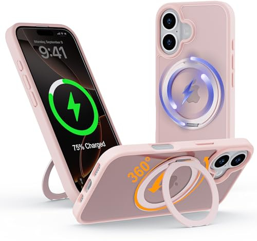 Cover per iPhone 16 con Supporto Magnetico, Custodia Compatibile con MagSafe con Anello Girevole a 360°, Case con Retro Opaco, Protezione Robusta e Stabile per Video e Ufficio, Rosa