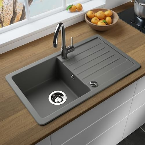 MIT ARMATUR LINDBERGH® Granit Spüle + kompl. Siphon und Imprägnierung mit Abtropffläche, Einbauspüle Küchenspüle Spülbecken - Verbundstoffe MADE IN GERMANY (VEL33 + Armatur 1-Helia)