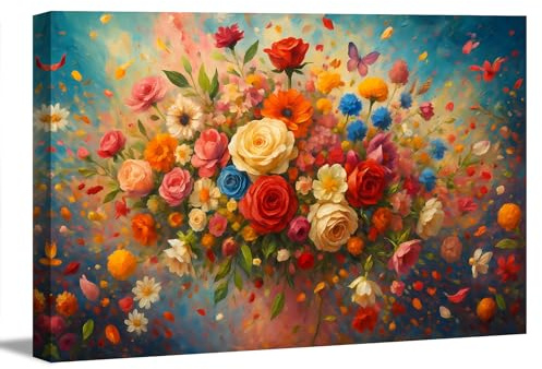 Visario Wandbild farbenfrohe Blumenkomposition 120x80 cm 5071 - Leinwandbild Blumen Kunstdruck auf Leinwand mit Holzrahmen gespannt - Wanddeko Blumenbild Rosen Dekoration fuer Wohnzimmer Schlafzimmer