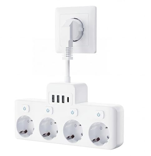 Steckdosenleiste mit USB, 4 Unabhängige Schaltdosen Mehrfachsteckdose mit USB-C (PD 20W) und 3 USB-A 4fach Steckdosenleiste Kindersichere für das Heim Büro