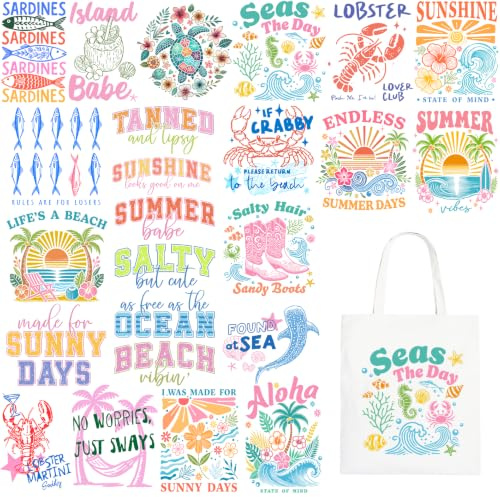 Tintnut Summer Beach Iron on Transfers for T-Shirts 24pcs DTF Transfers | Ocean DTF heat transfer stickers patches ,easy to cut,weed & transfer,stretchy & washable,for fabric decor crafts DIY
