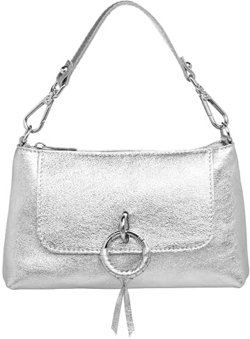 Caspar Elegante Leder Umhängetasche Damen Clutch Kleine Crossbody Bag mit Schultergurt & Kurzhenkel - PREMIUM LINE - Modell No.851 - Made in Italy, Farbe:silber metallic