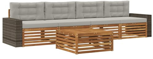 vidaXL Outdoor-Sofagarnitur mit Kissen 5 pcs Natürlich und Hellgrau, Gartenmöbel, Moderne Sitzgruppe, L-förmiges Sofa für Terrasse, relaxen im Lounge-Stil