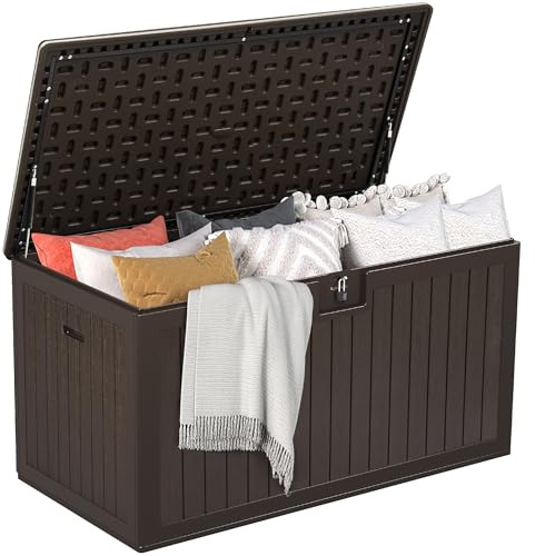 DWVO 567.8L Resin Outdoor Storage Box, Double-Wall Waterproof Deck Box with Wood Texture, Lockable Garden Storage that Doubles as Table or Bench (1000 lbs Capacity)–Brown