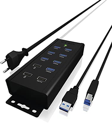 ICY BOX 7-Port USB 3.0 HUB aktiv mit Netzteil (12V/5A), 3 Ladeports, Wandmontage, Quick Charge 3.0, Aluminium, IB-HUB1703-QC3