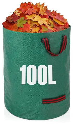 GroundMaster Round Heavy-duty Garden Waste Bags – 100L Woven Polypropylene Garden Sack – Waterproof Reinforced Extra-strong Waste Bags with Handle – Ideal for Leaves, Rubble, and Soil (Pack of 10)