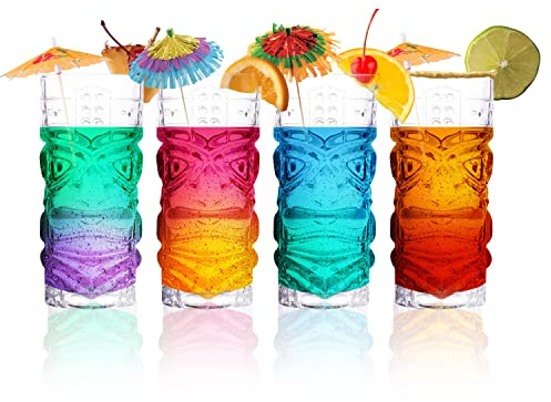 Transparente Tiki-Gläser, 4 Stück, 450 ml, perfekt für exotische Cocktails, Limonade, Eistee, gemischte Getränke, exotische Zombie, Rum, Mai Tai, Pina Colada, Punsch, Hurricane, Bar-Trinkgeschirr