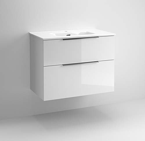 Mueble de Baño Suspendido con Lavabo Cerámico Galsaky | 2 cajones con Cierre Amortiguado y Organizador| Guías Hettich Medidas (60 cm, Blanco Brillo)