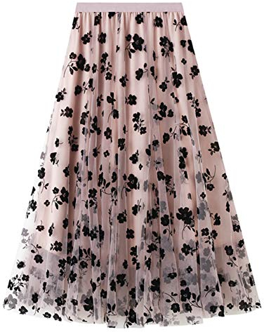 FEOYA Damen Tüllrock Weiche Tüll Petticoat A-Linie Großer Saum Midi Röcke Lang Blumenmuster 3 Schichten Faltenrock - Rosa