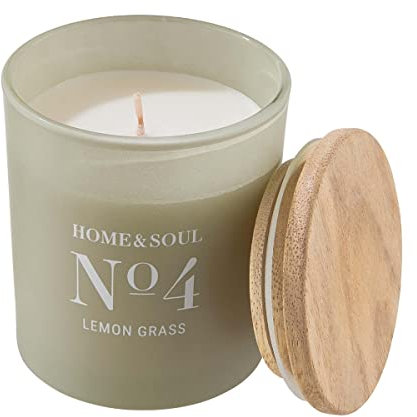 BUTLERS Duftkerze im Glas mit Holzdeckel -Lemon Grass No. 4 Home & Soul- Natürliche Sojawachs-Kerze 35 Std. Brenndauer | Aromakerzen & Aromatherapie-Duft für den Winter