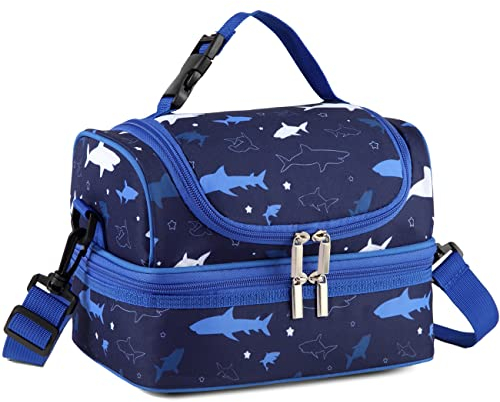 VASCHY - Bolsa isotérmica para almuerzo, portátil con compartimentos separados, reutilizable, bolsa de almuerzo con correa ajustable, escuela y picnic (tiburón azul)