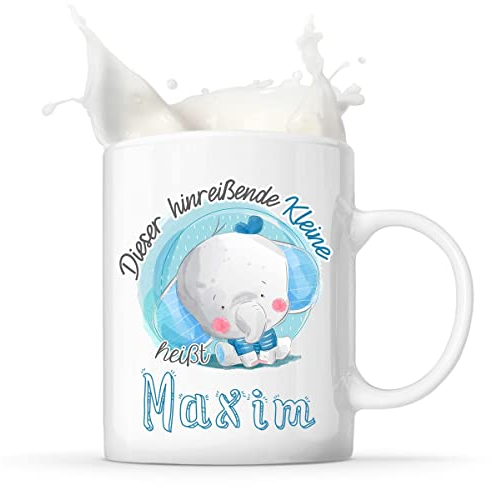 Maxim | Tasse mit Spruch lustig Fun Tasse Geschenkideen | Dieser hinreißende Kleine heißt | Süß und charmant Design des Elefanten für Neugeborener, Kleiner Prinz, Baby Kind