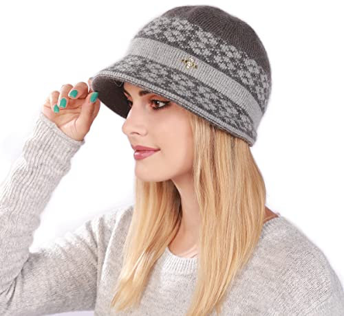 OVTRB Womens Winter Fleece Lined Bonnet Hat Cable Knitted Warm Bucket Hat Bowler Hat Skull Beanie with Visor Vintage Cloche Hat Gray