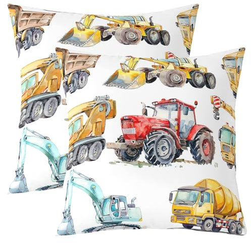 Dekorative Kissenbezüge für Kinder, Bagger, Retro-LKW-Kissenbezüge für Outdoor, Auto, Traktor-Maschinen, Baufahrzeug, Kranbagger, Mischer, Wurfkissenbezüge, 20 x 20 cm, 2 Stück