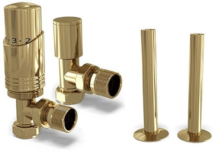 UK Radiators Polished Brass Radiator Valves 15mm Angled Lockshield Valve in Brass and Polished Finish - Classy and Modern Design 1/2 x 15mm Angled Radiator Valves - with 130mm Brass Pipe Covers