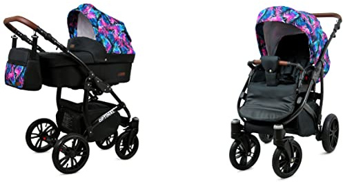 BabyLux Optimal 2-in-1 Baby Kinderwagen Tief und Kinderwagen mit Zubehör Verstellbar und faltbar Aluminium Konstruktion Wasserdicht Nicht abnehmbare Räder Colorful Feathers Black Frame