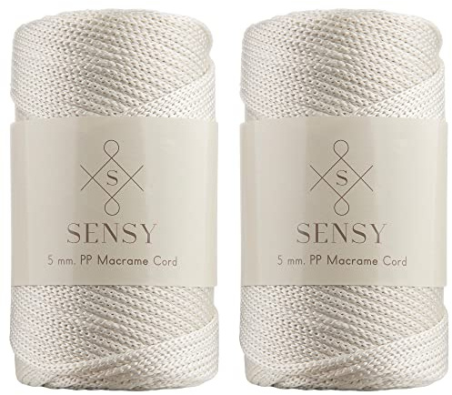Sensy, Cordoncino in poliestere da 5 mm, 95 metri, 100% polipropilene, per macramè, 5 mm, per borse all'uncinetto, macramè, filo all'uncinetto, regalo per maglieria (Ecrù)