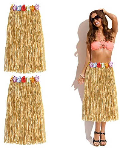 2 PCs 80 cm Hula Grasrock Hawaiian Leis Danzkleid mit Blume, elastischer Rock Goldene Strohfarbe für hawaiianische Aloha Beach Sommerpartyzubehör