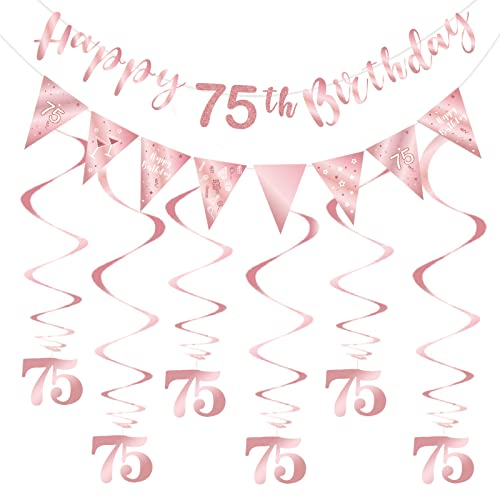 SZHUIHER 75th Birthday Decoration Kit, Happy 75th Banner Bunting Swirls Streamers, Triangle Flag Banner for Party Decorations, Rose Gold