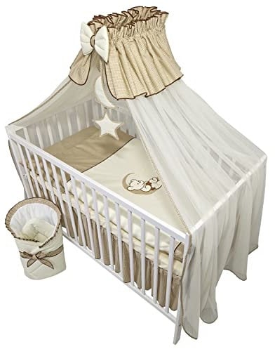 Bello24 - 11 Teiliges Kinderbettwäsche Babybettwäsche Komplettset ohne Bett Bestickt mit Teddybär auf dem Mond Dunkelbeige (100x135 cm)