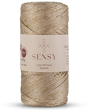 Sensy Premium 2 mm 230 Meter Glitzer Polyester-Seil, 90% Polypropylen, 10% Polyesterschnur, Makramee-Kordel 2 mm Häkeltasche Kordel Makramee Seil Häkelgarn Geschenk für Strickwaren (Ecru-Glitzer)