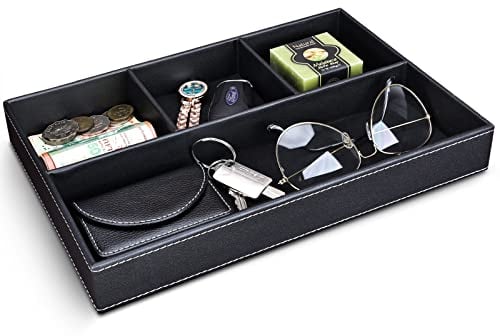 GORESE Bandeja de Valet Cuero, Bandeja Organizador de Escritorio Bandeja de Almacenamiento Aparador Organizador, Captura para Llaves, Teléfono, Billetera, Moneda, Joyería y Mesa de Noche(Negro)