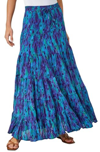 Roman Originals Gypsy Maxi Skirt for Women UK Ladies Tiered Bohemian Long Ankle Length Cotton Elasticated Waistband High Waist Monochrome Lounge Lightweight Holiday - Size 20 - Blue Purple