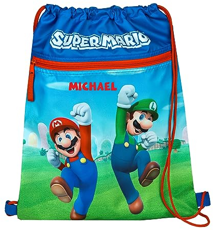 Undercover Turnbeutel Super Mario mit Name personalisiert | Motiv Super Mario & Luigi für Jungen Kinder | Schuhbeutel Sportbeutel Zuziehbeutel mit Kordel