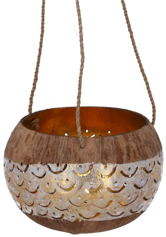 GURU SHOP Kokosnuss Teelicht zum Hängen, Dekotopf - Modell 8 Weiß, 10x13x13 cm