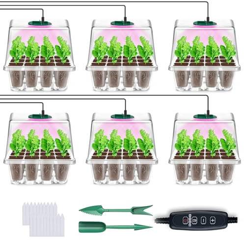 YAUNGEL Mini Serre pour Plantes avec Lampes de Culture, 6 Pièces Bac à Semis avec Contrôleur de Minuterie de Luminosité Réglable, Épaissir Boite Semis, pour Plantation de Semis, Transparent