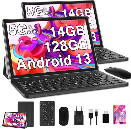 2024 Newest Tablet 10 Pulgadas 14GB RAM + 128GB ROM (1TB TF), Android 13 5G + 2.4G WiFi, Octa-Cores 2.0Ghz, GPS, BT 5.0, 8MP + 5MP, Type C, OTG, Cast, Tablet PC con Funda, Teclado e Ratón - Negro