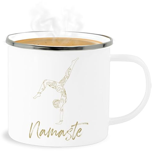 Emaille Becher Blechbecher - Tassen - Namaste Yoga Handstand Mandala Meditation - 300 ml - Weiß Silber - joga geschenke tasse alles für fans