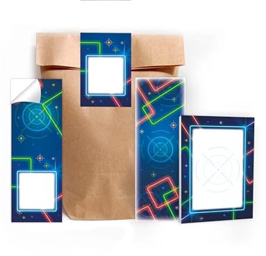 10 Lesezeichen + 10 Mini-Notizblöcke je 25 Blätter A7 + 10 Tüten (natur) + 10 Aufkleber Set Gastgeschenk Mitgebsel zum Kindergeburtstag Motto-Party Jungen Jungs Boys Mädchen Schule Lasertag neon