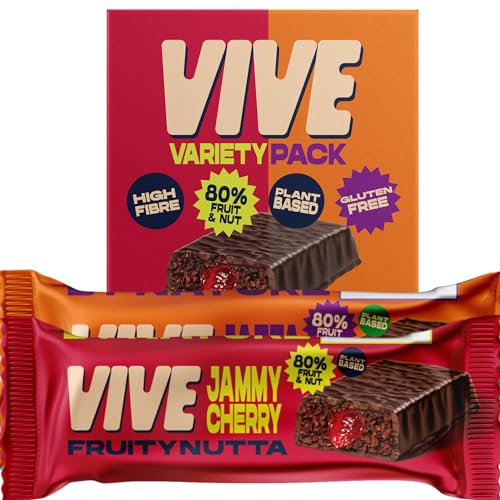 Vive Fruity Nutta Mixed Box – Variety of Fruit Jam Filled Vegan Snack Bars – 80% Fruit & Nut, Belgian Chocolate Coated, High Fibre, Gluten-Free – Pack of 12 Healthy Bars for On-the-Go Snacking