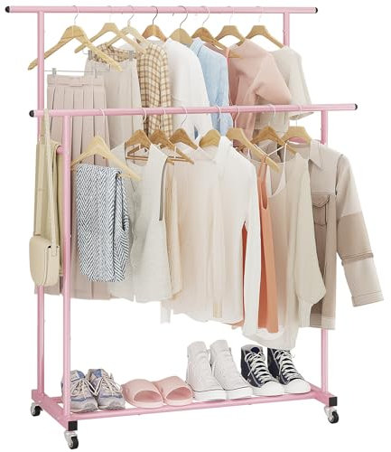 Calmootey Kleiderständer mit Doppelstange, rollender Kleiderständer, tragbarer Kleider-Organizer für Schlafzimmer, Wohnzimmer, Bekleidungsgeschäft, Rosa