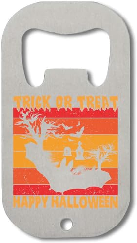 Trick Or Treat Happy Halloween Flying Bat Graphic Stainless Steel Bottle Opener Silver